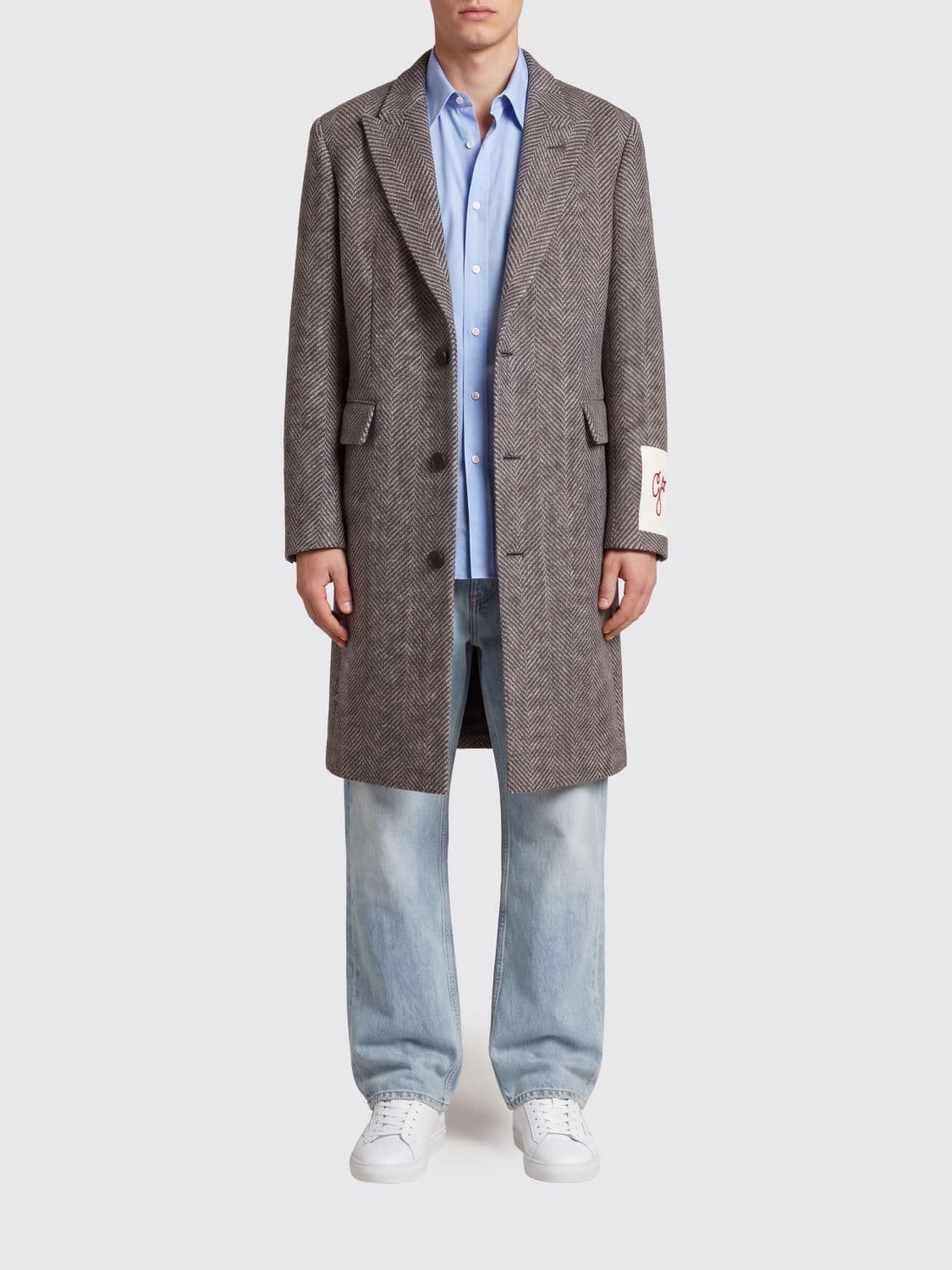 Golden Goose Single-Breasted Long Chevron Wool Coat with Peak Lapels