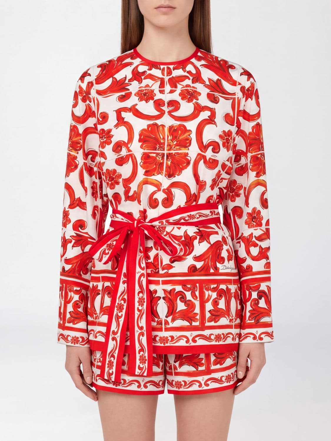 Dolce & Gabbana Majolica Print Silk Blouse with a Tie-Waist Detail