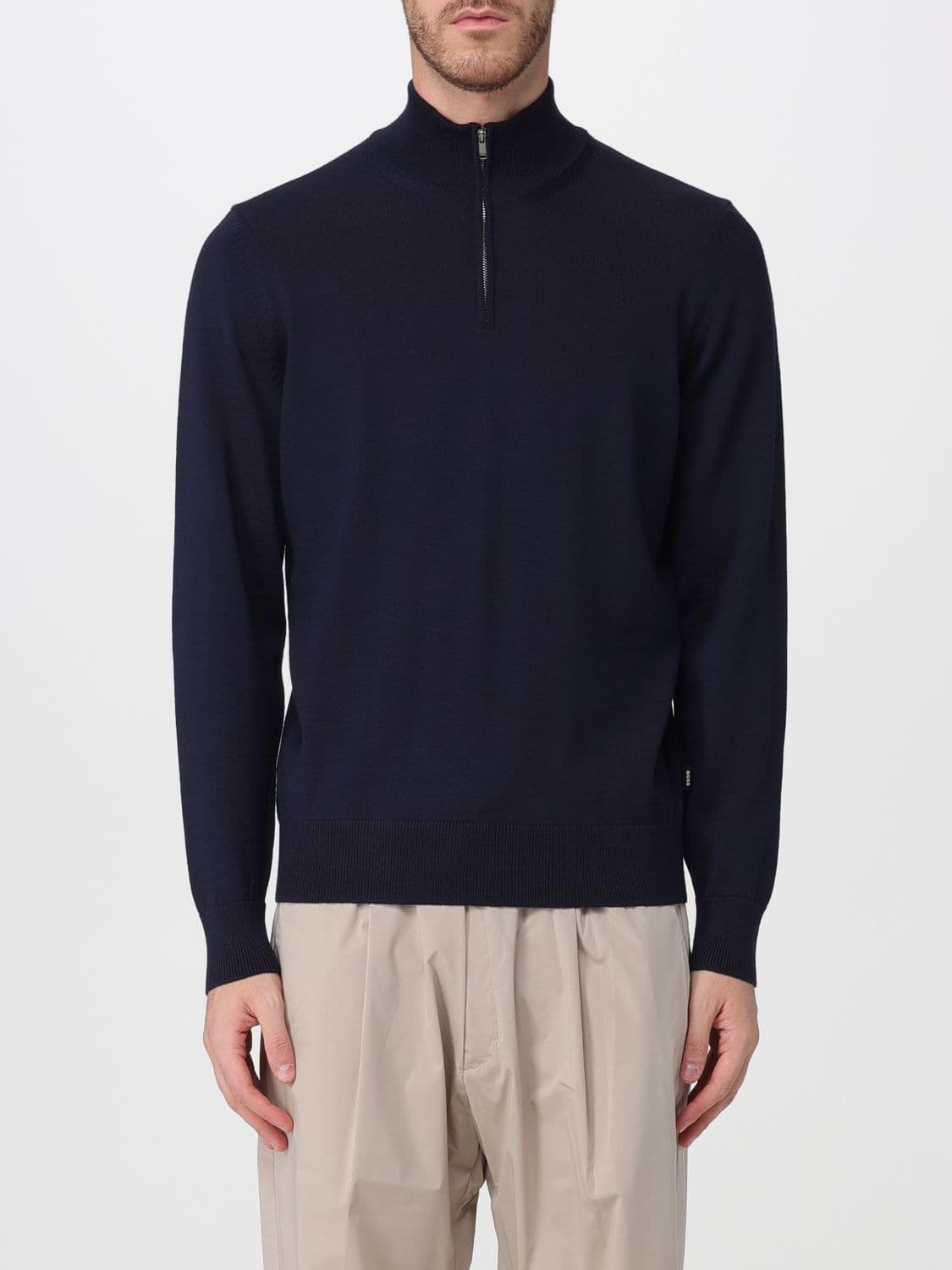 Boss Pure Wool Half-Zip Turtleneck Jumper with Ribbed Hems