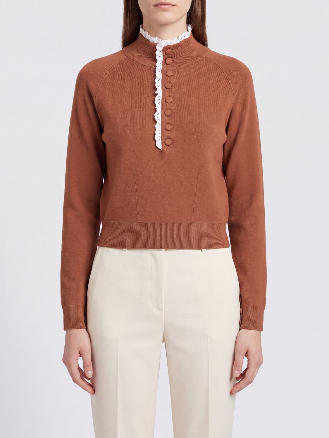 Chloé Cropped Slim Fit Wool Jumper with Ruffles and Embroidery
