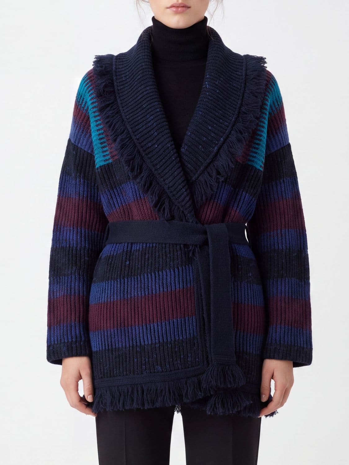 Giorgio Armani Striped Cashmere Blend Robe Cardigan with Fringed Hem and Belt