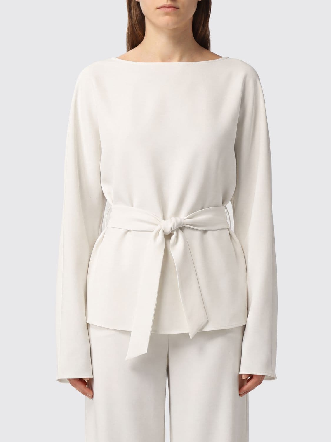 Parosh P. A.R. O.S. H. Long-Sleeved Crêpe Blouse with Tie-Waist Sash Belt · M