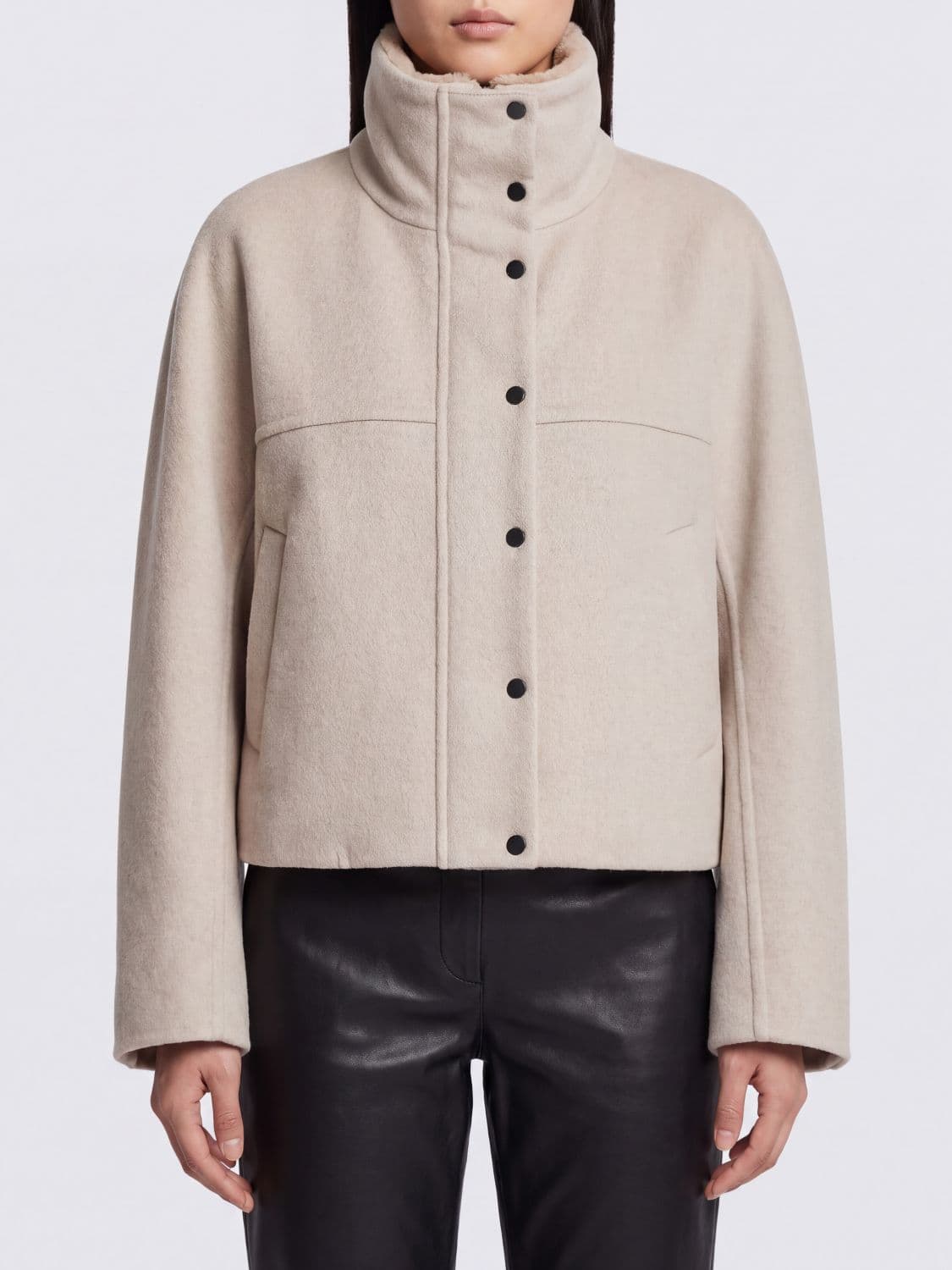 Brunello Cucinelli Wool and Cashmere Short Coat with High Neck and Monili Embroidery