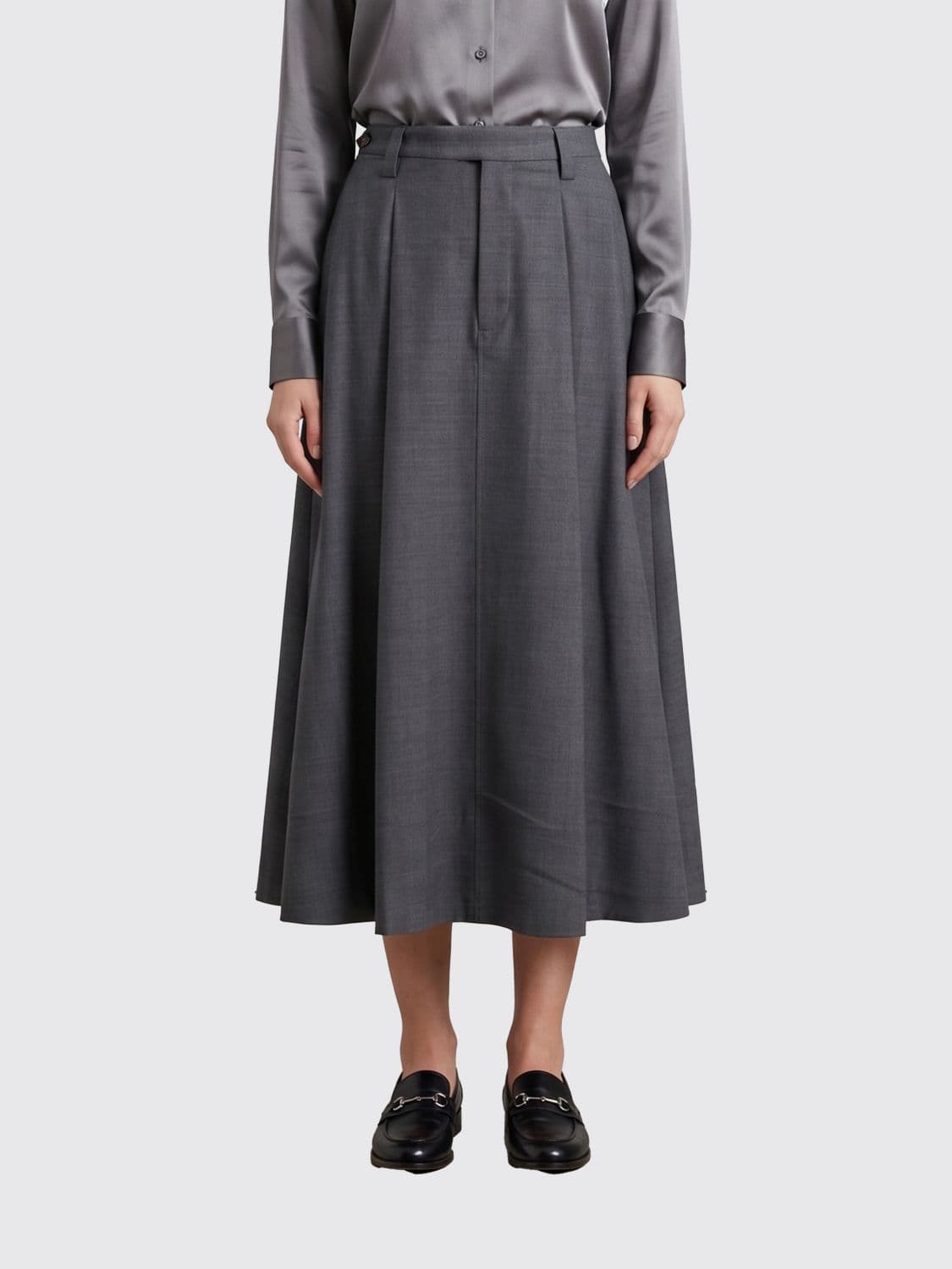 Brunello Cucinelli High-Waisted Wool-Blend Full Midi Skirt with Monili