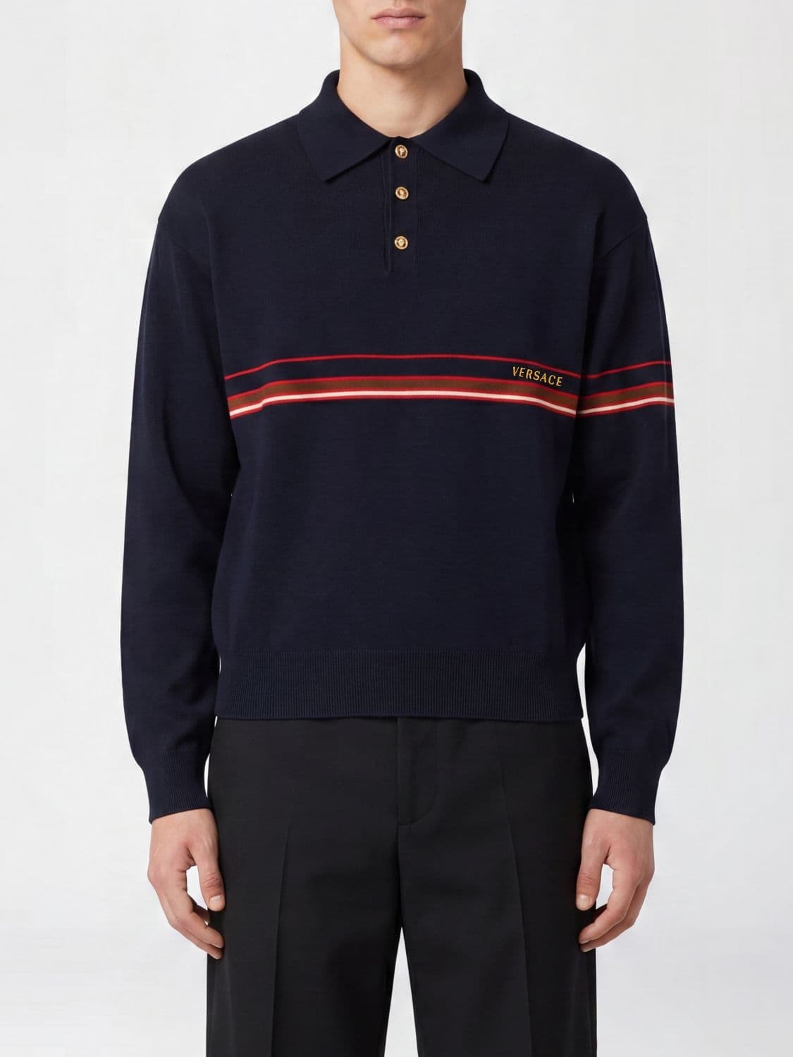 Versace Long-Sleeved Knitted Cotton Polo Shirt with Contrast Logo