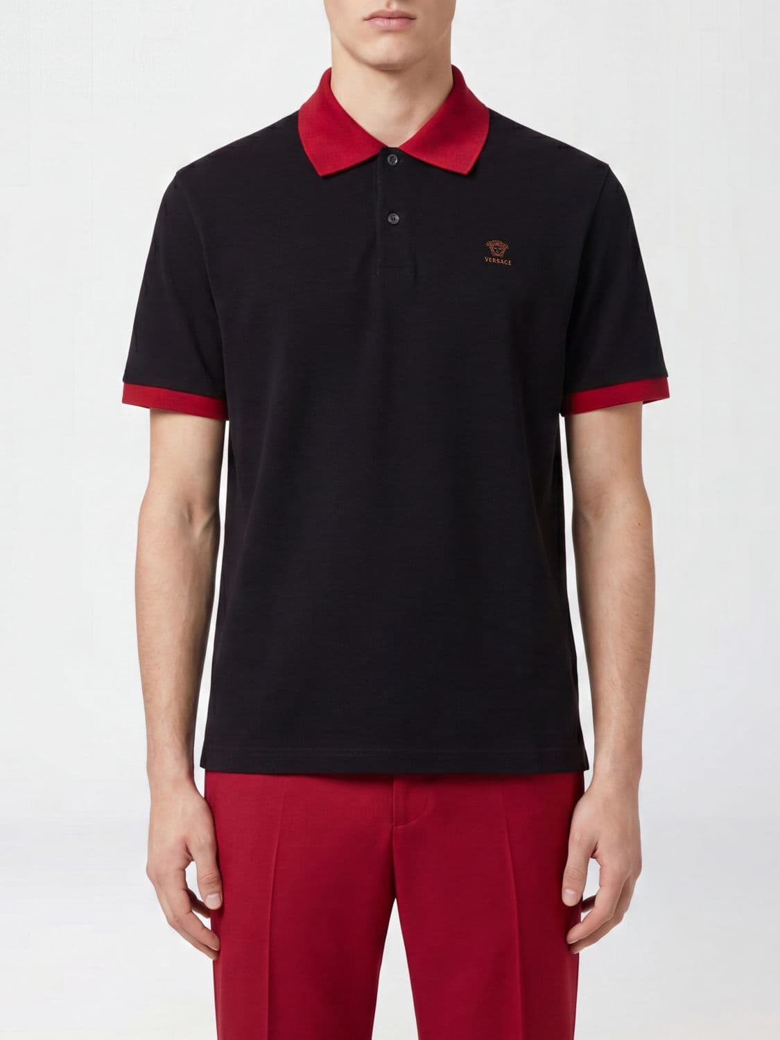 Versace Embroidered Medusa Logo Cotton Polo Shirt with Contrast Trims