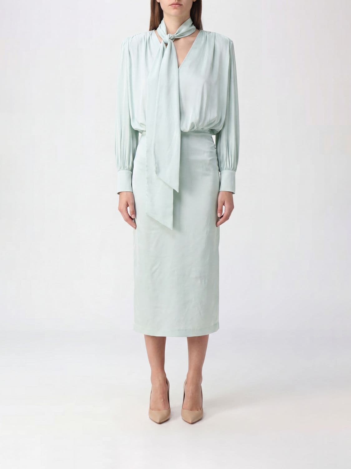 Rotate Recycled Satin Midi Sheath Dress with Scarf Neck · 34