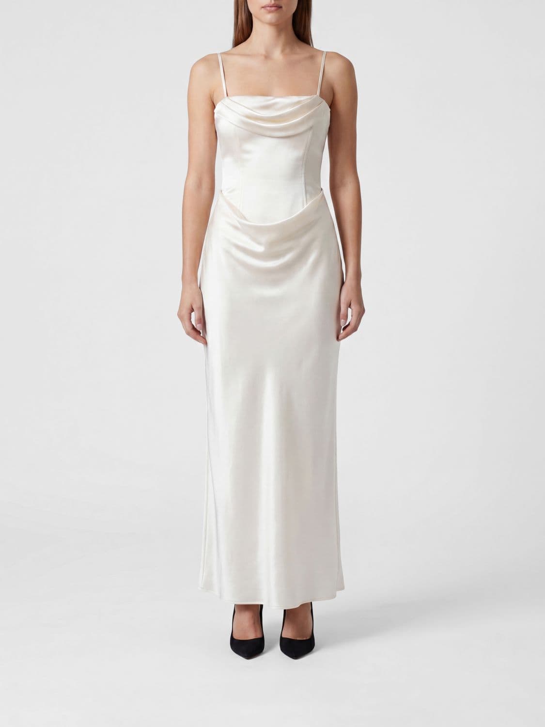 Rotate Long Satin Bustier Gown with Square Neckline and Draped Waist