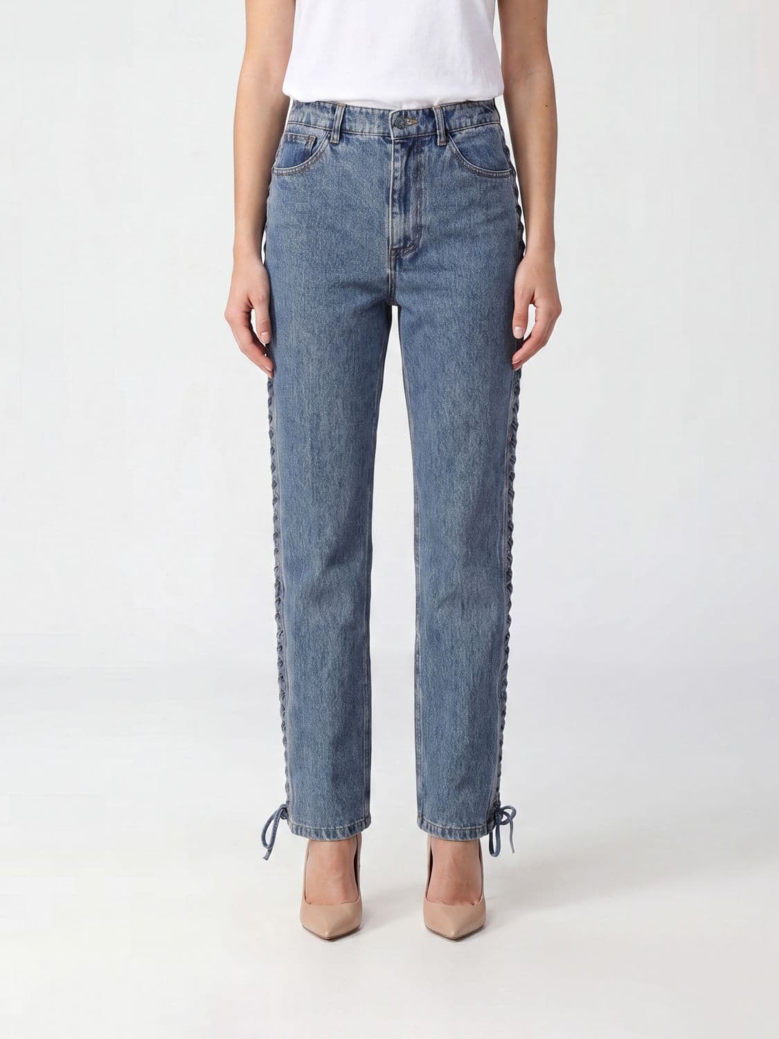 Rotate High-Waisted Straight Jeans in Denim with Woven Straps