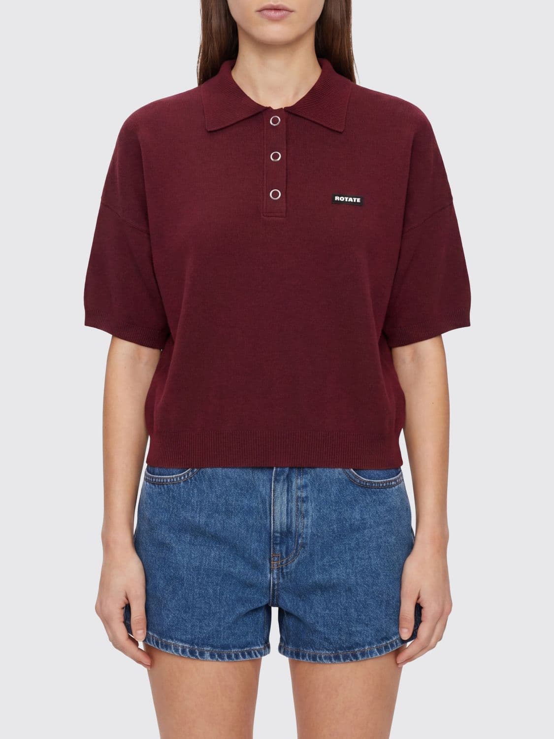 Rotate Knitted Polo Shirt in Wool and Mohair Blend with Contrast Logo