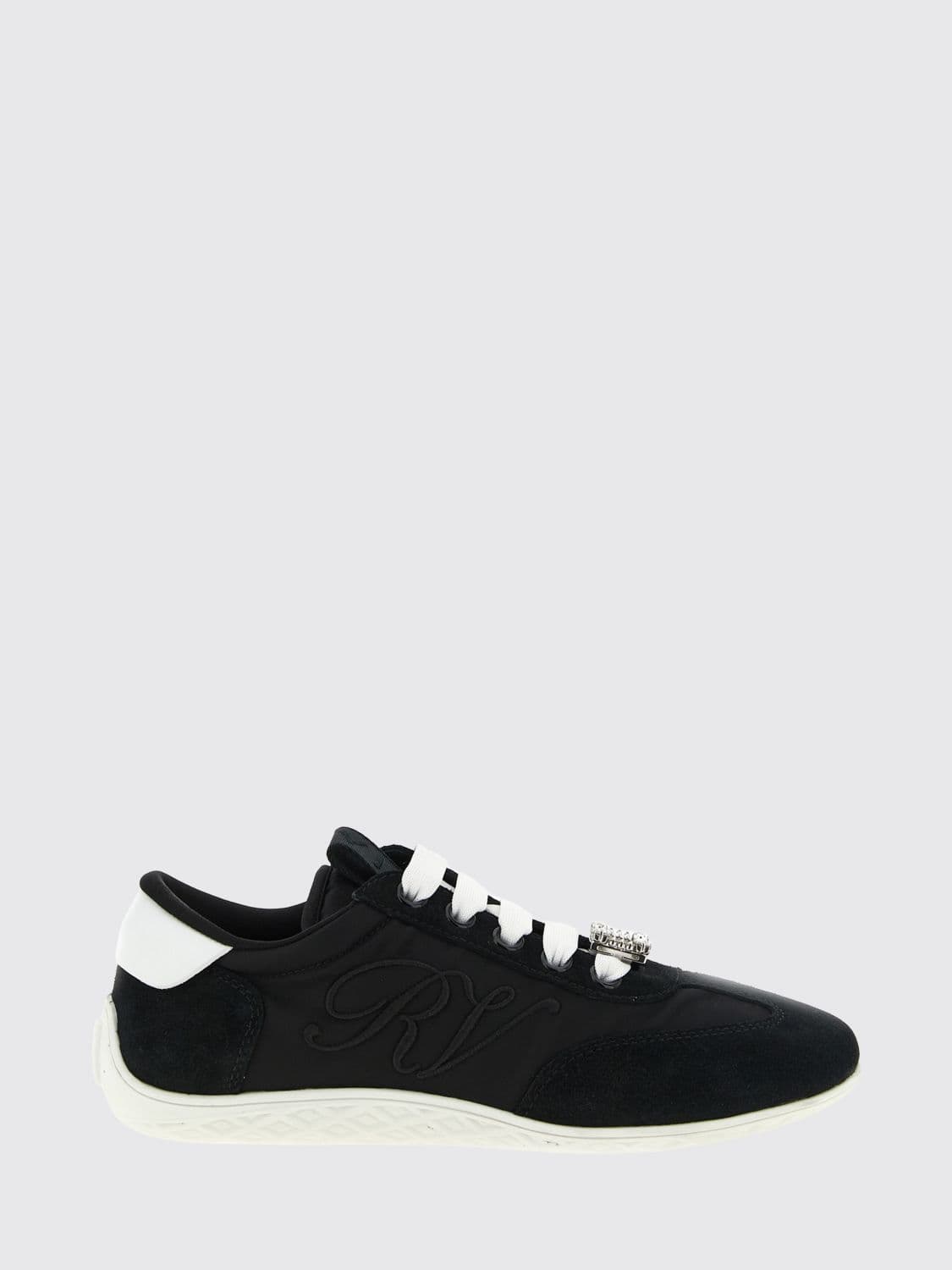 Roger Vivier Viv Low Leather and Fabric Sneakers with Jewel Buckle