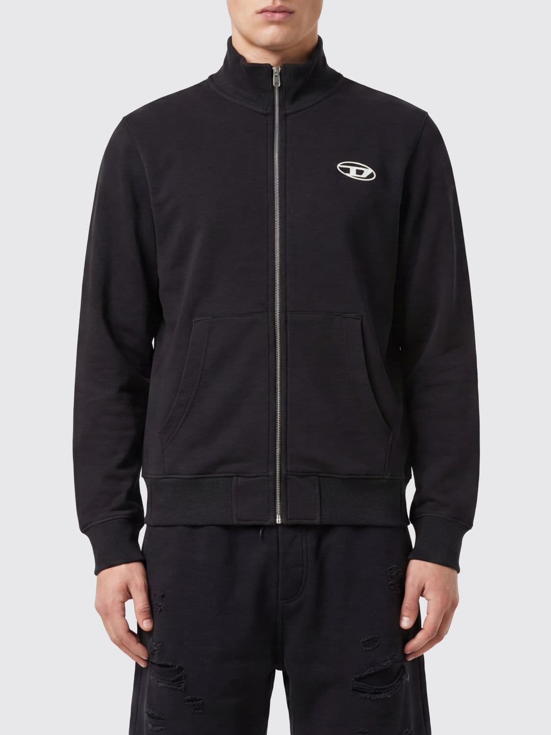 Diesel High-Neck Zip-Up Cotton Sweatshirt with Contrast Oval D Logo