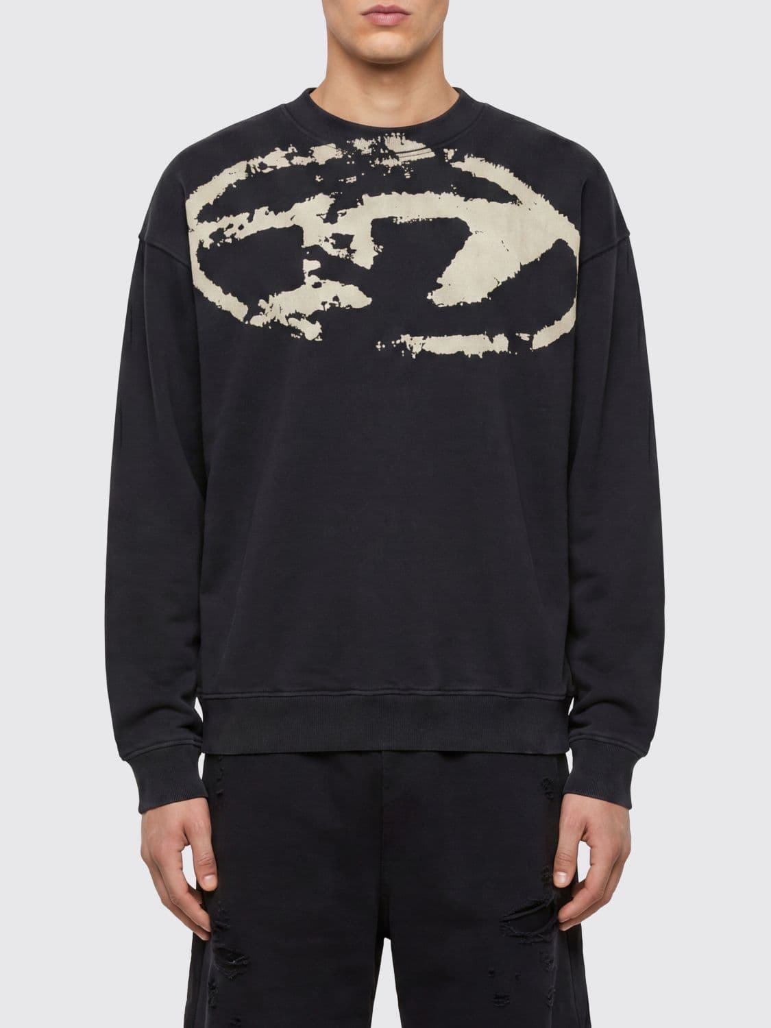 Diesel Crewneck Cotton Sweatshirt with Dust-Effect Oval D Logo