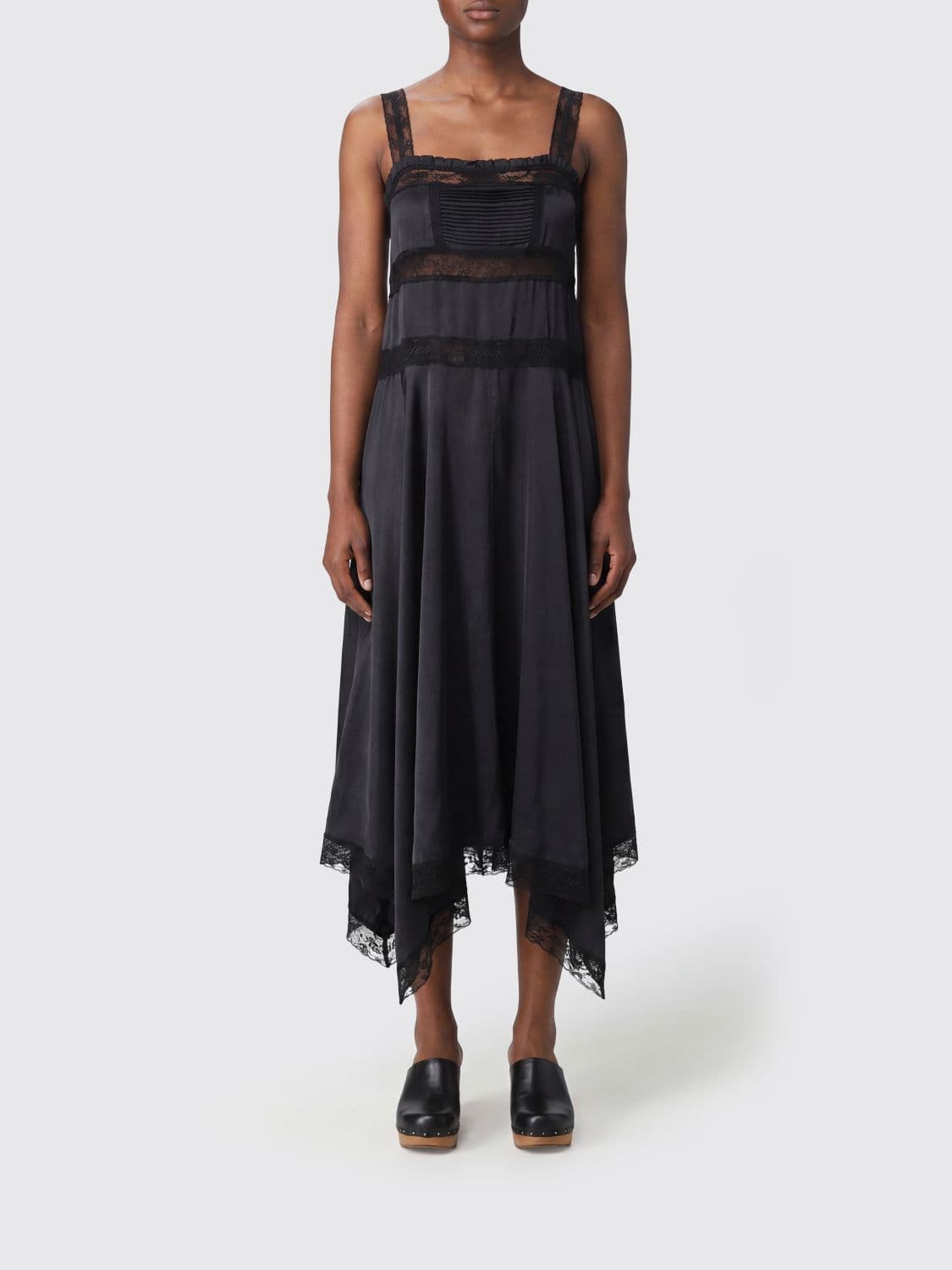 Ganni Asymmetric Silk Midi Dress with Lace Inserts