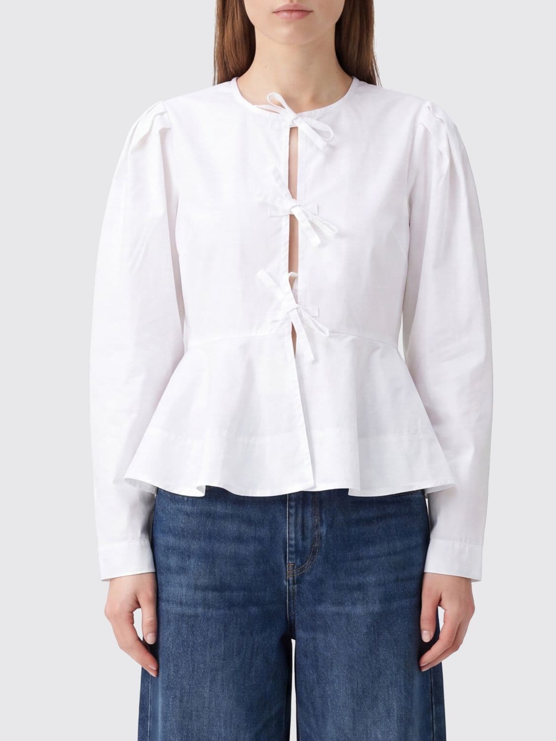 Ganni Cropped Cotton Jacket with Ruched Shoulders and Tie Fastening