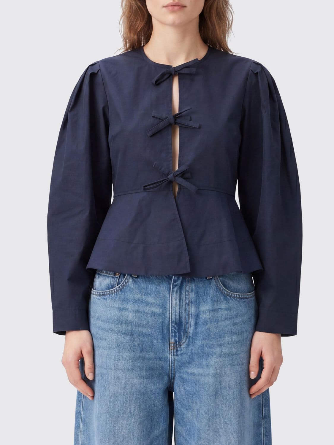 Ganni Cropped Cotton Jacket with Ruched Shoulders and Tie Fastening