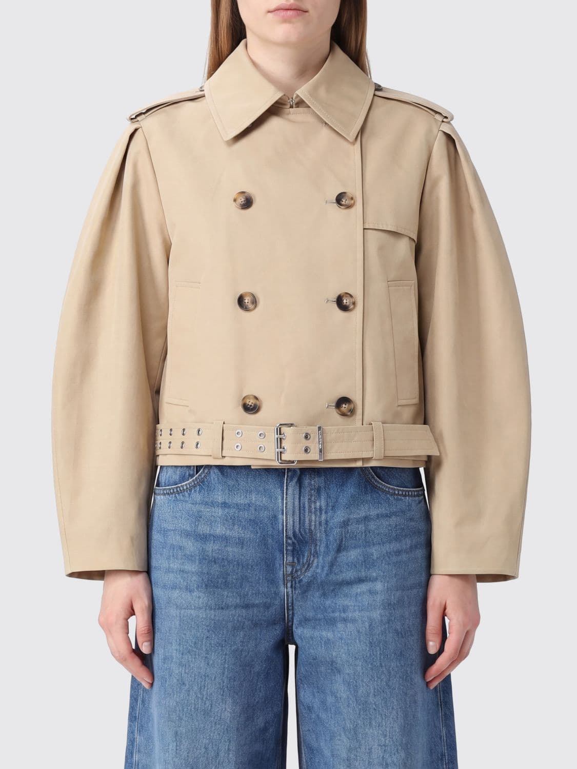 Ganni Cropped Double-Breasted Cotton Trench Coat with Balloon Sleeves · 34
