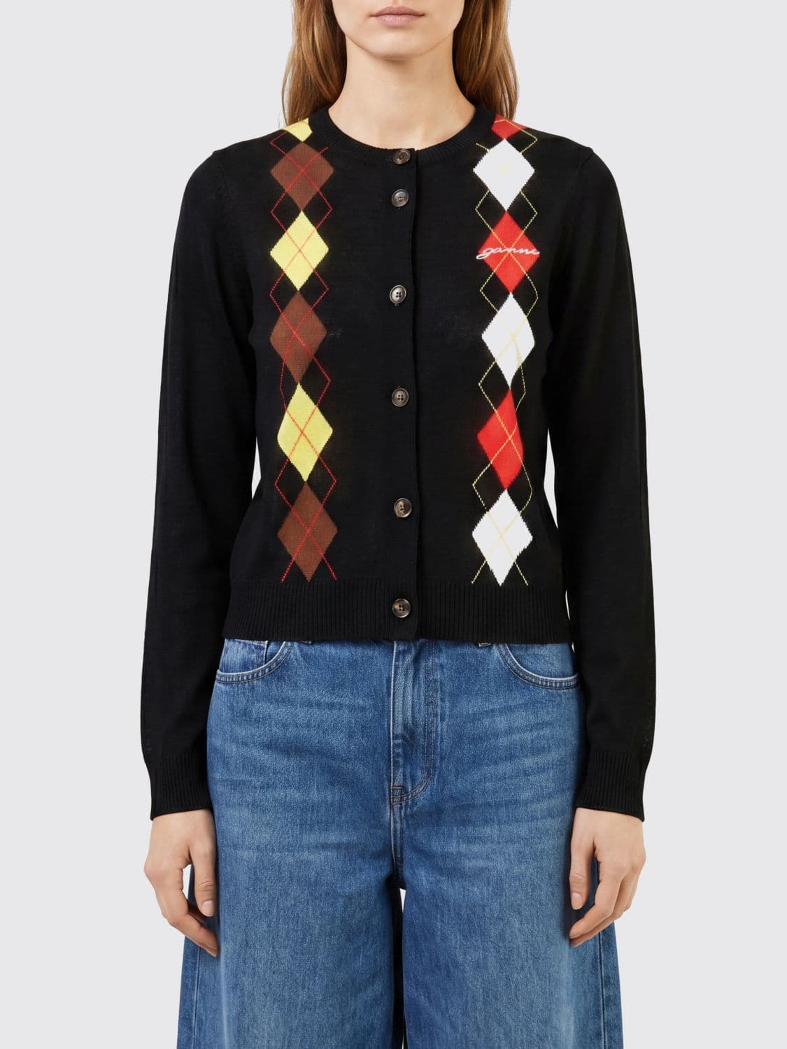 Ganni Slim Fit Argyle Cotton Cardigan