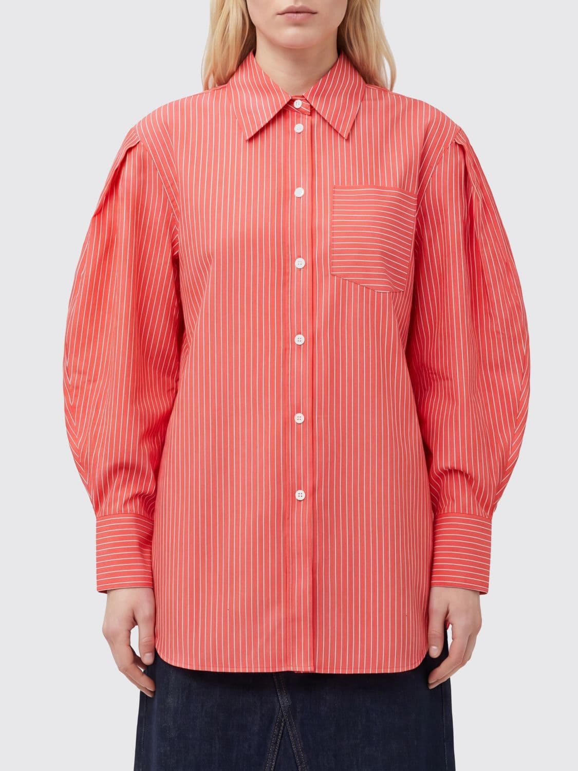 Ganni Striped Cotton Shirt with Balloon Sleeves