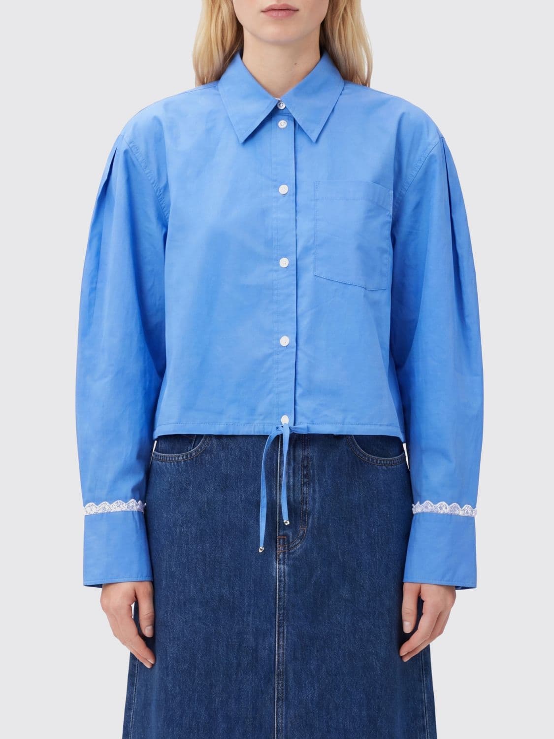 Ganni Cotton Shirt with Balloon Sleeves and Drawstring Hem