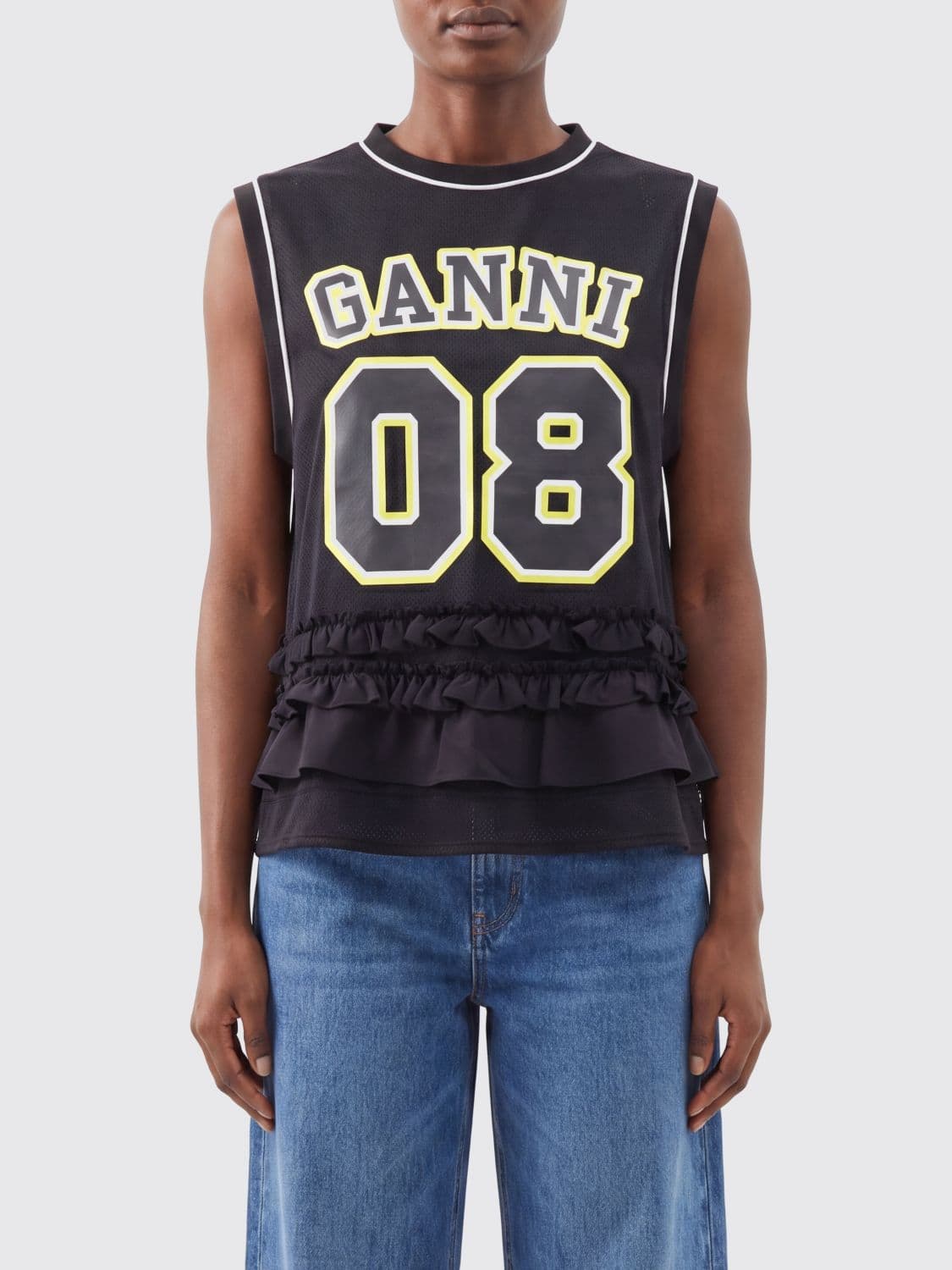 Ganni Sleeveless Polyester Top with Printed Logo and Flounces · M