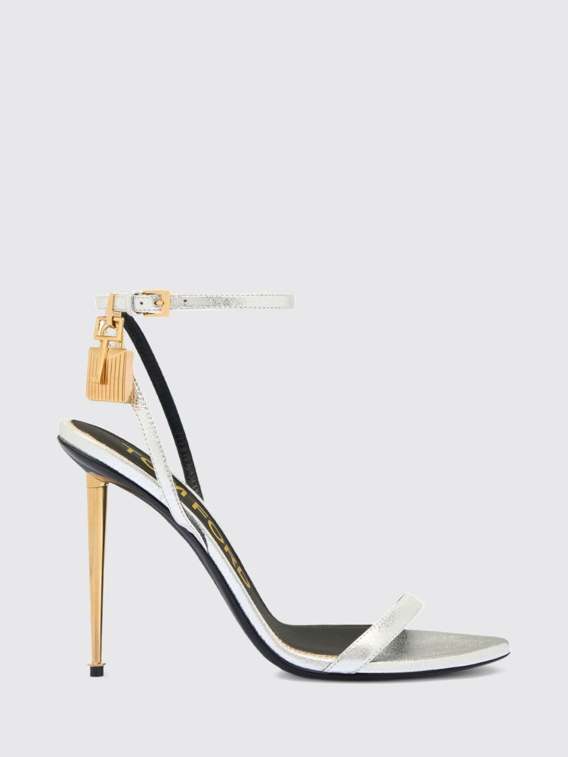 Tom Ford Padlock Gold Laminated Leather Sandals with Stiletto Heel