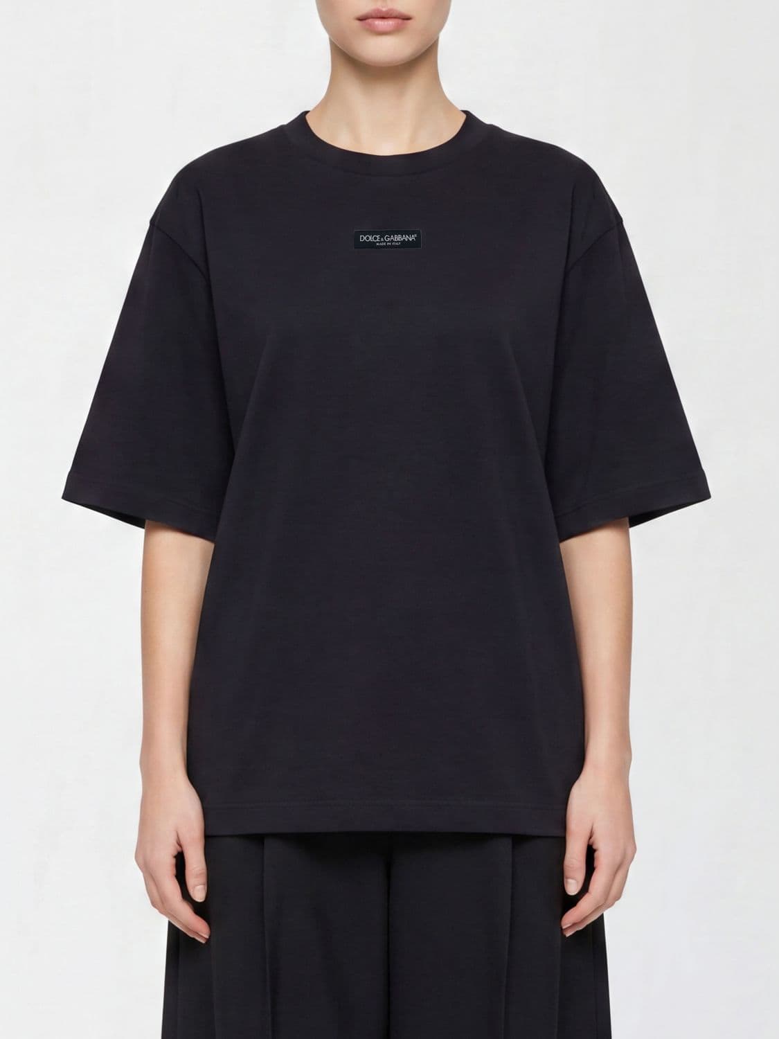 Dolce & Gabbana Cotton Crewneck T-Shirt with Contrast Logo and Dropped Shoulders