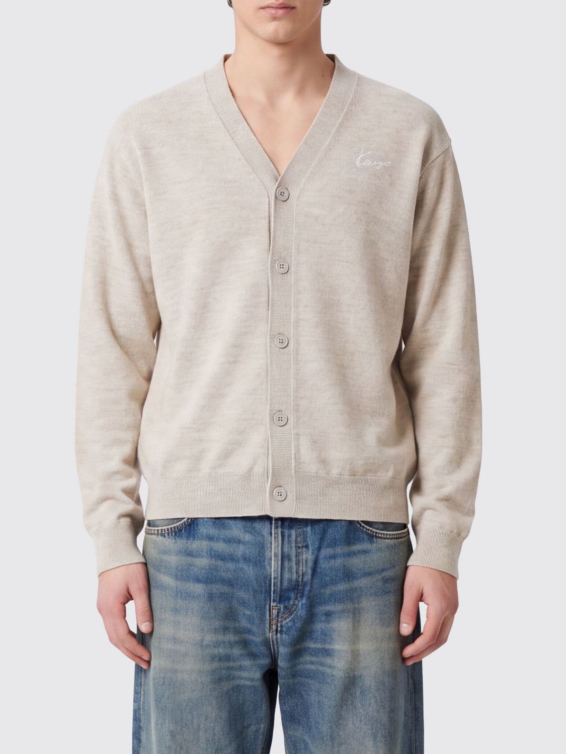 Kenzo Wool V-Neck Cardigan with Contrasting Embroidered Logo