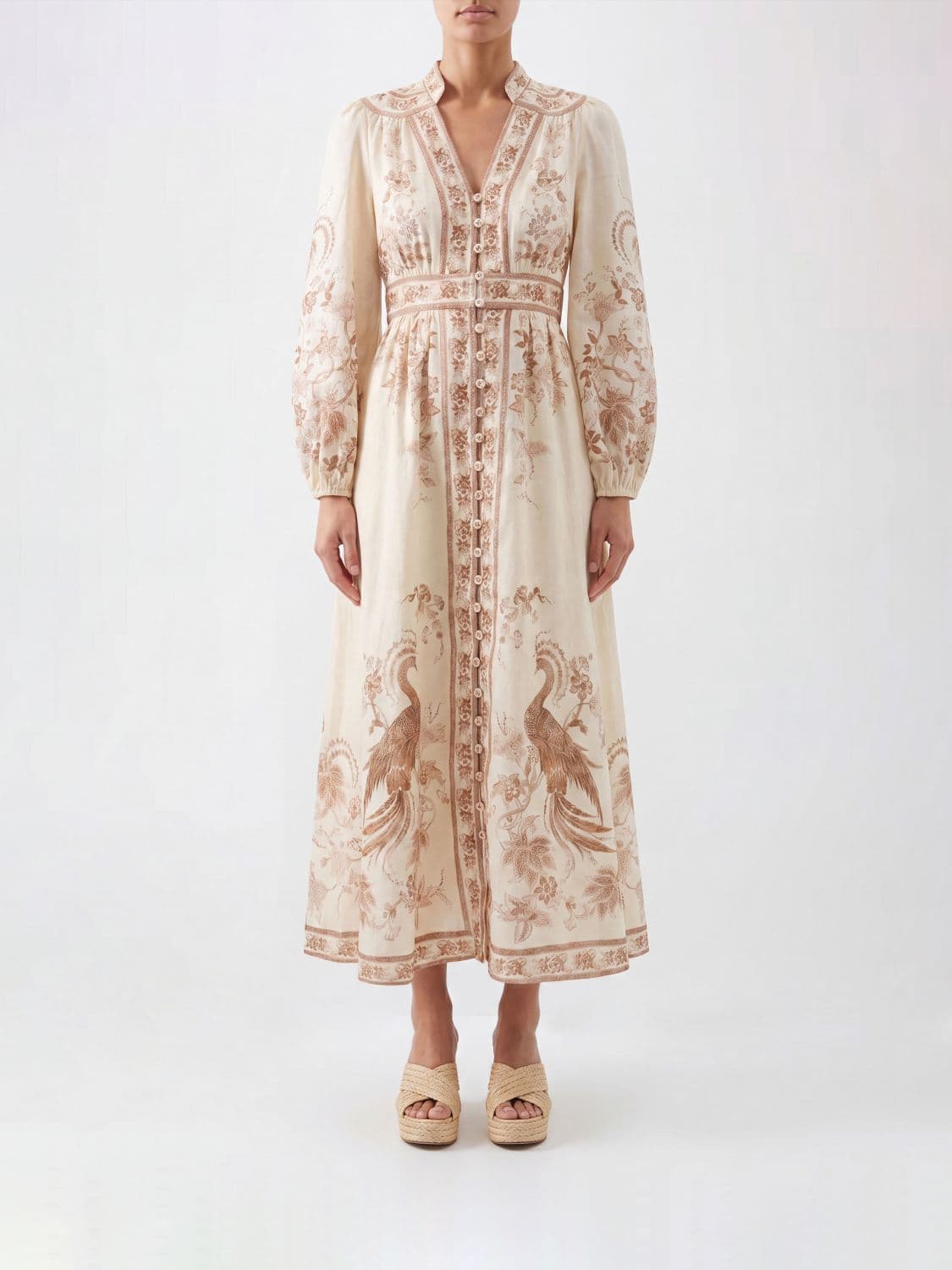 Zimmermann Floral-Print Linen Midi Shirt Dress with Balloon Sleeves