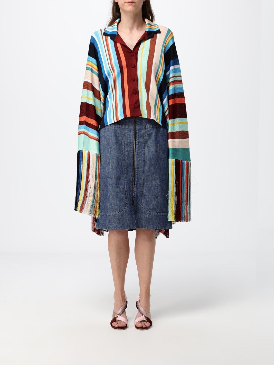 Fendi Short Multicolour Striped Viscose Cape with Collar and Fringes
