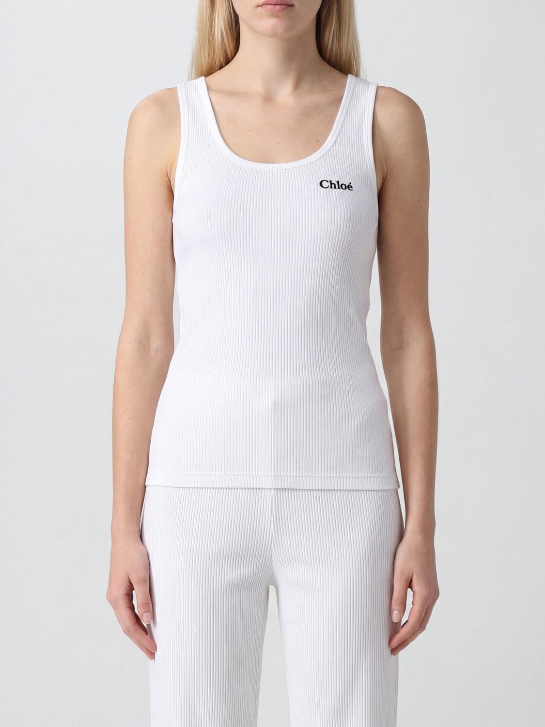 Chloé Slim Fit Ribbed Jersey Tank Top with U-Neck and Embroidered Logo