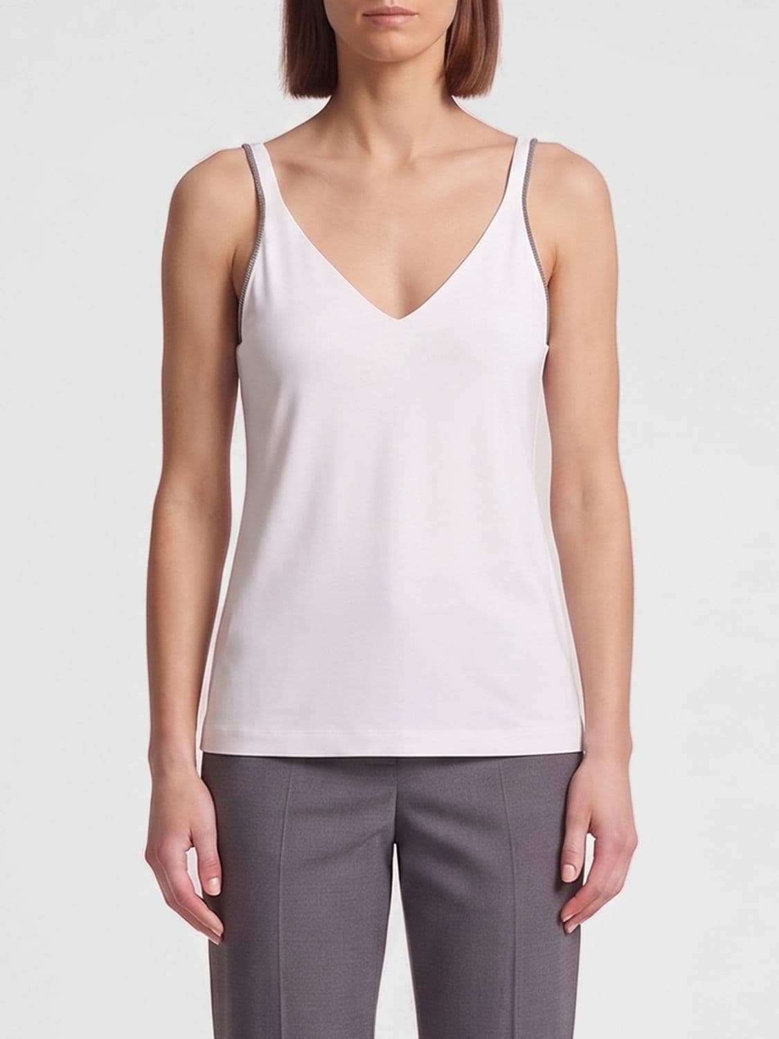 Brunello Cucinelli Slim Fit Stretch-Cotton Camisole Top with Monili Detail