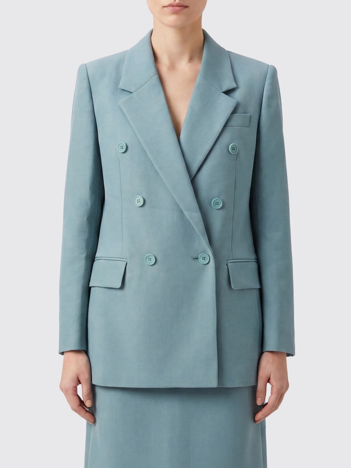 Chloé Double-Breasted Merino Wool Blazer with Peak Lapels and Flap Pockets · 36