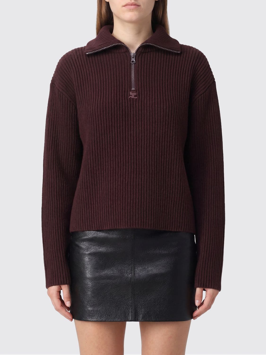 Courrèges Ribbed Turtleneck Jumper in Pure Merino Wool with Half-Zip