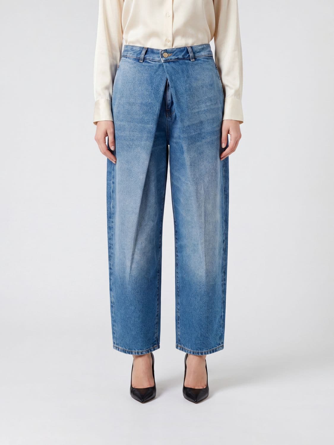 Balmain Mid-Rise Baggy Jeans in Stone-Washed Denim with Asymmetrical Design