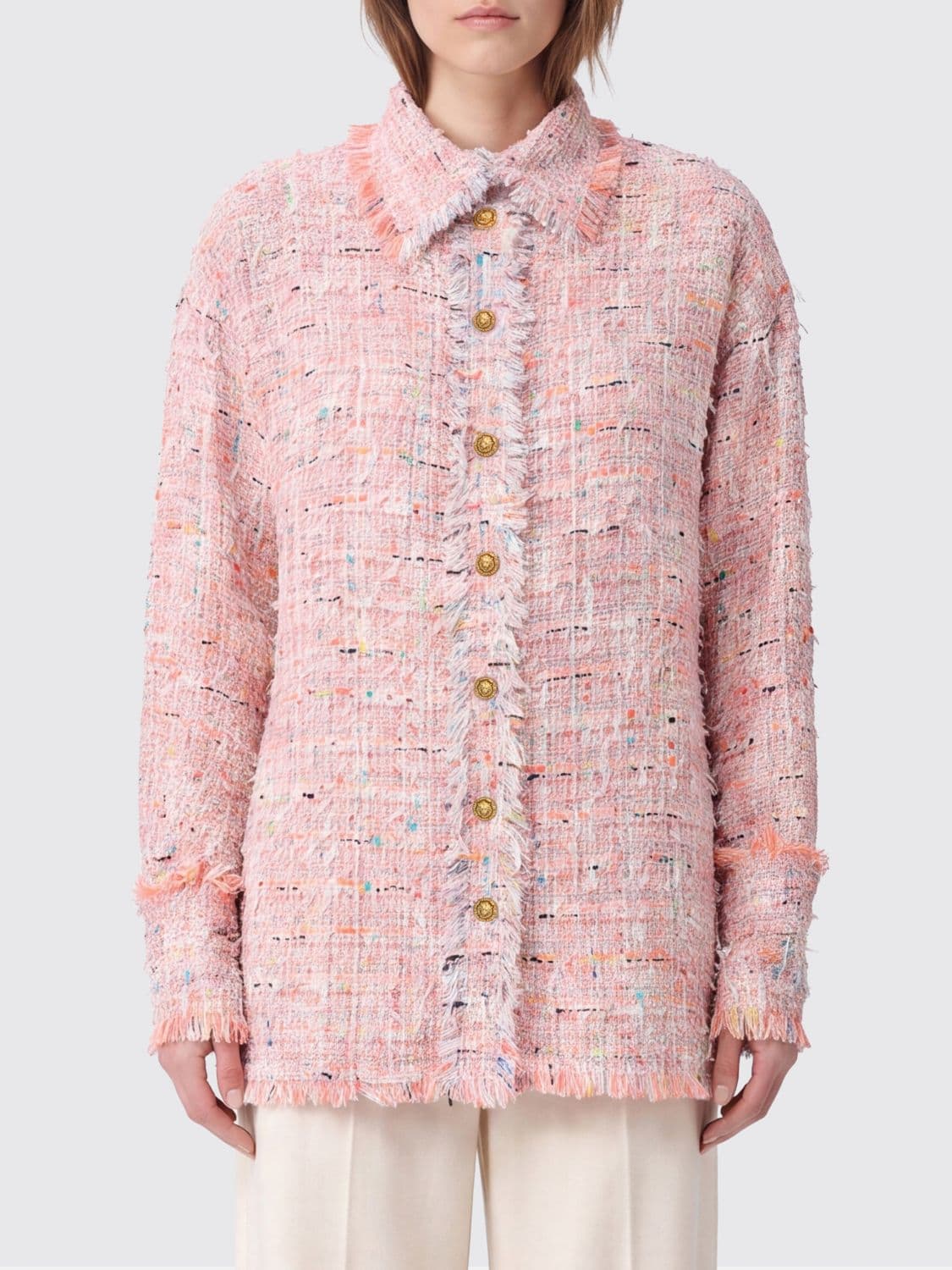 Balmain Cropped Tweed Shirt Jacket with French Collar