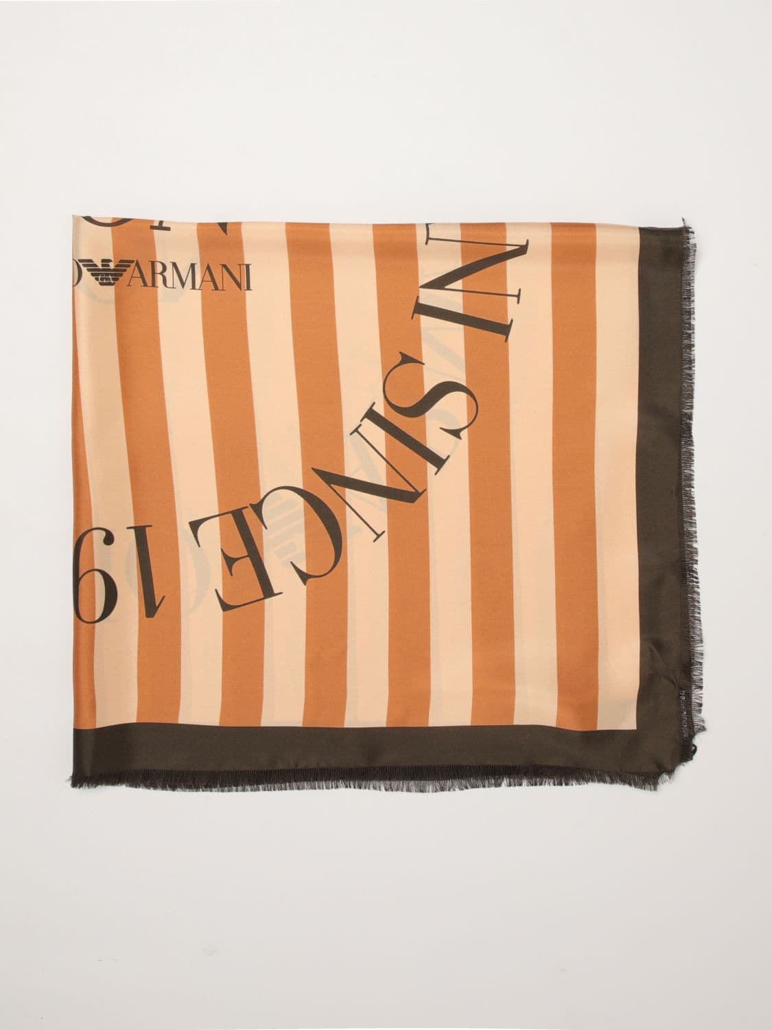 Emporio Armani Striped Silk Scarf with Logo Print and Fringed Edges · OS