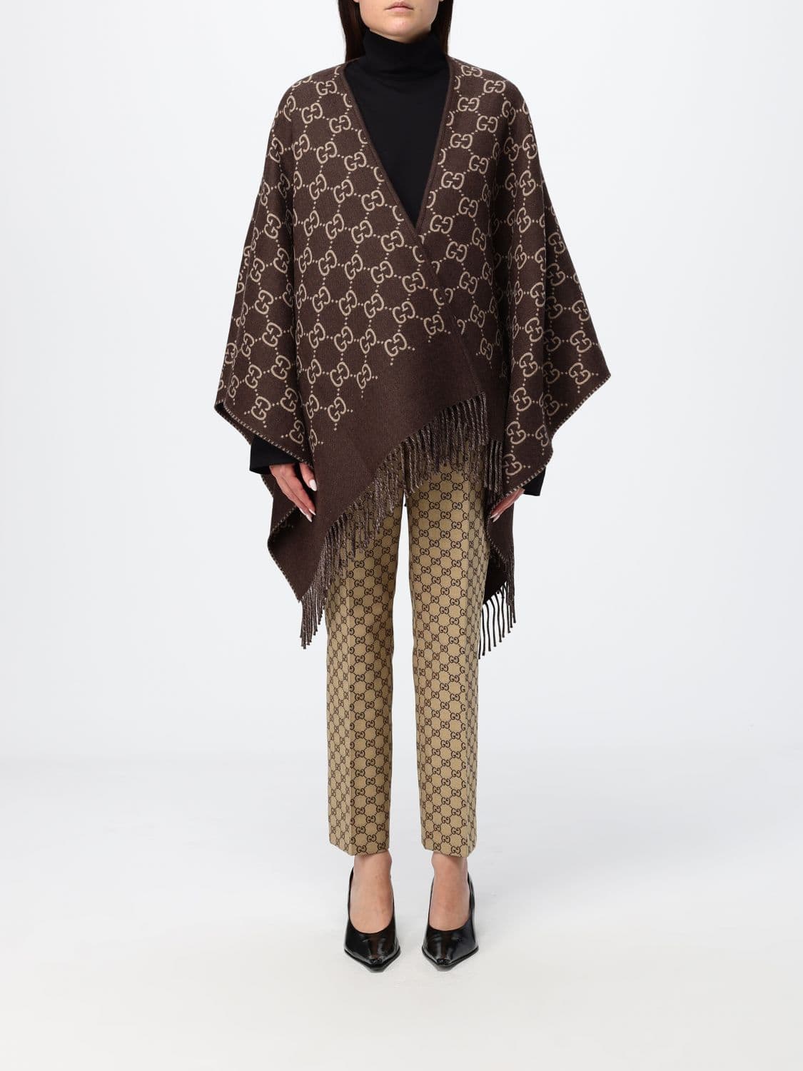 Gucci Asymmetric Wool Cape with All-Over GG Motif and Fringed Hem · OS