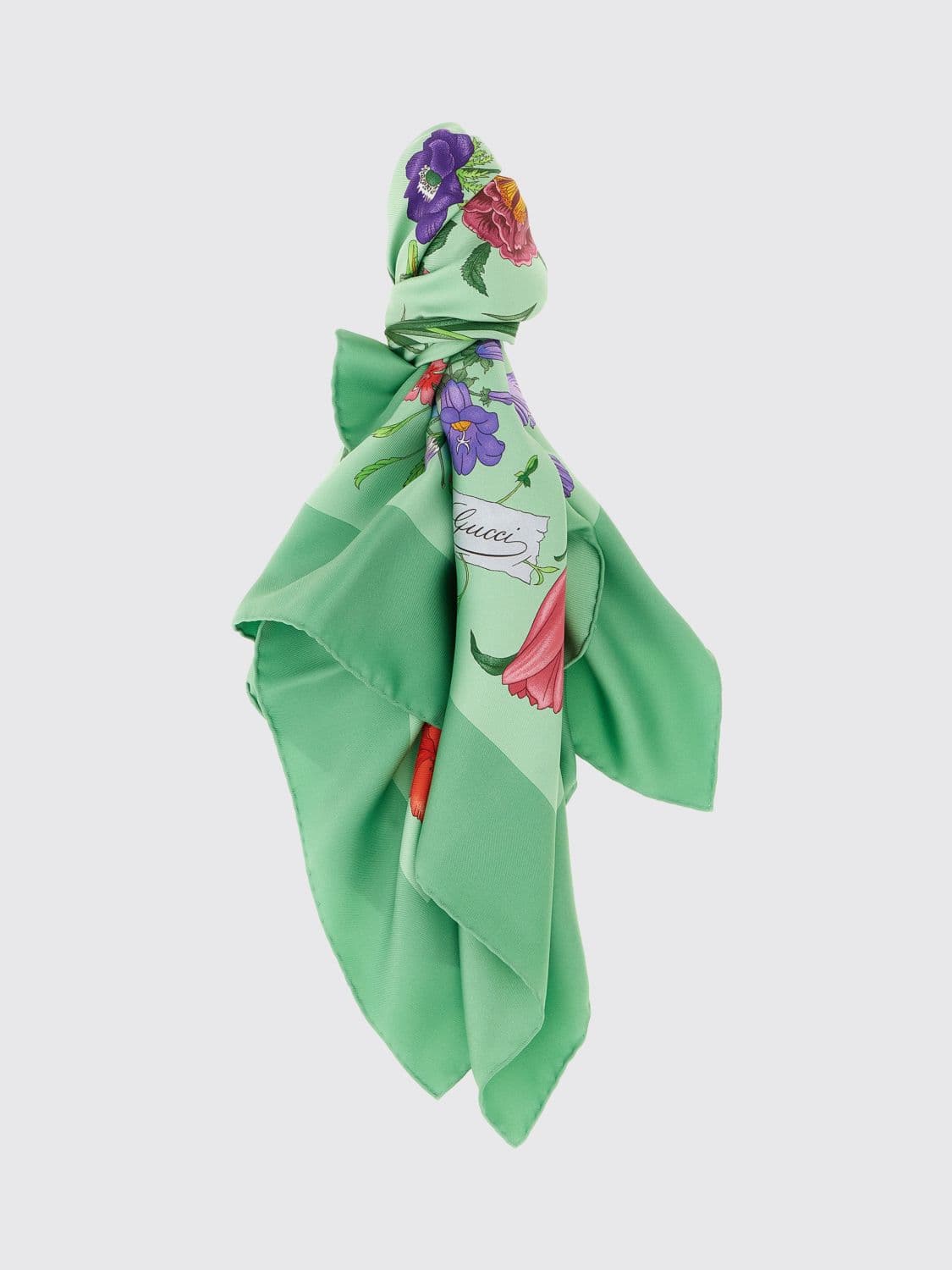 Gucci Square Scarf in Pure Silk with Floral Print and Contrast Logo