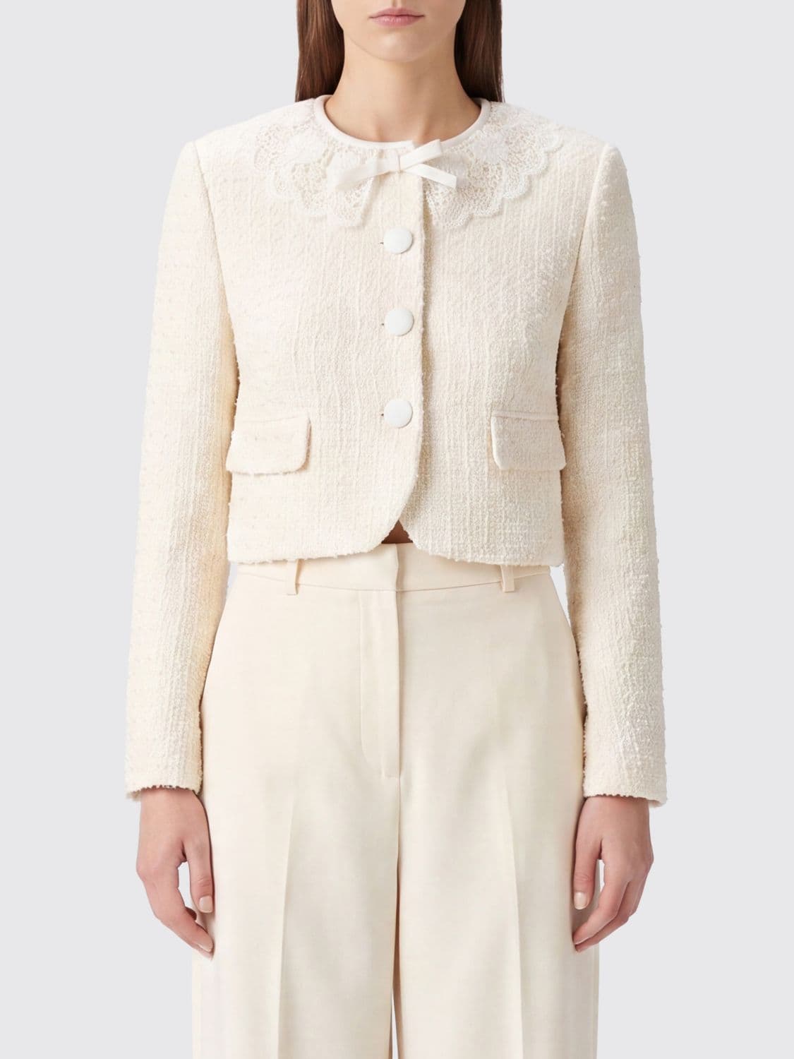 Self-Portrait Cropped Bouclé Blazer with Lace Collar and Inserts