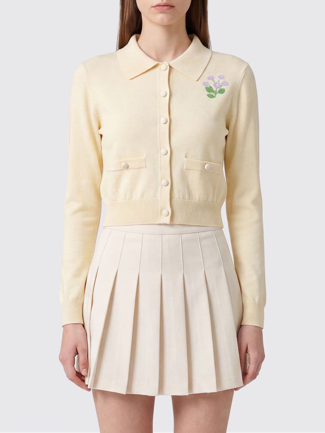 Self-Portrait Slim Fit Floral-Detail 100% Wool Cardigan with Patch Pockets