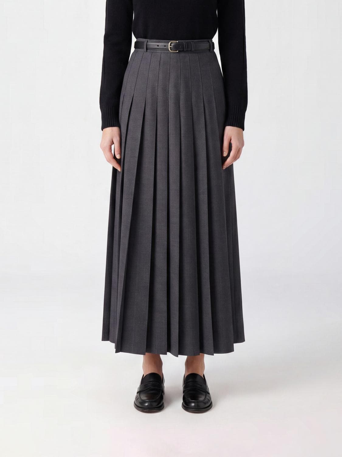 Self-Portrait High-Waisted Pleated Wool-Blend Midi Skirt with Belt