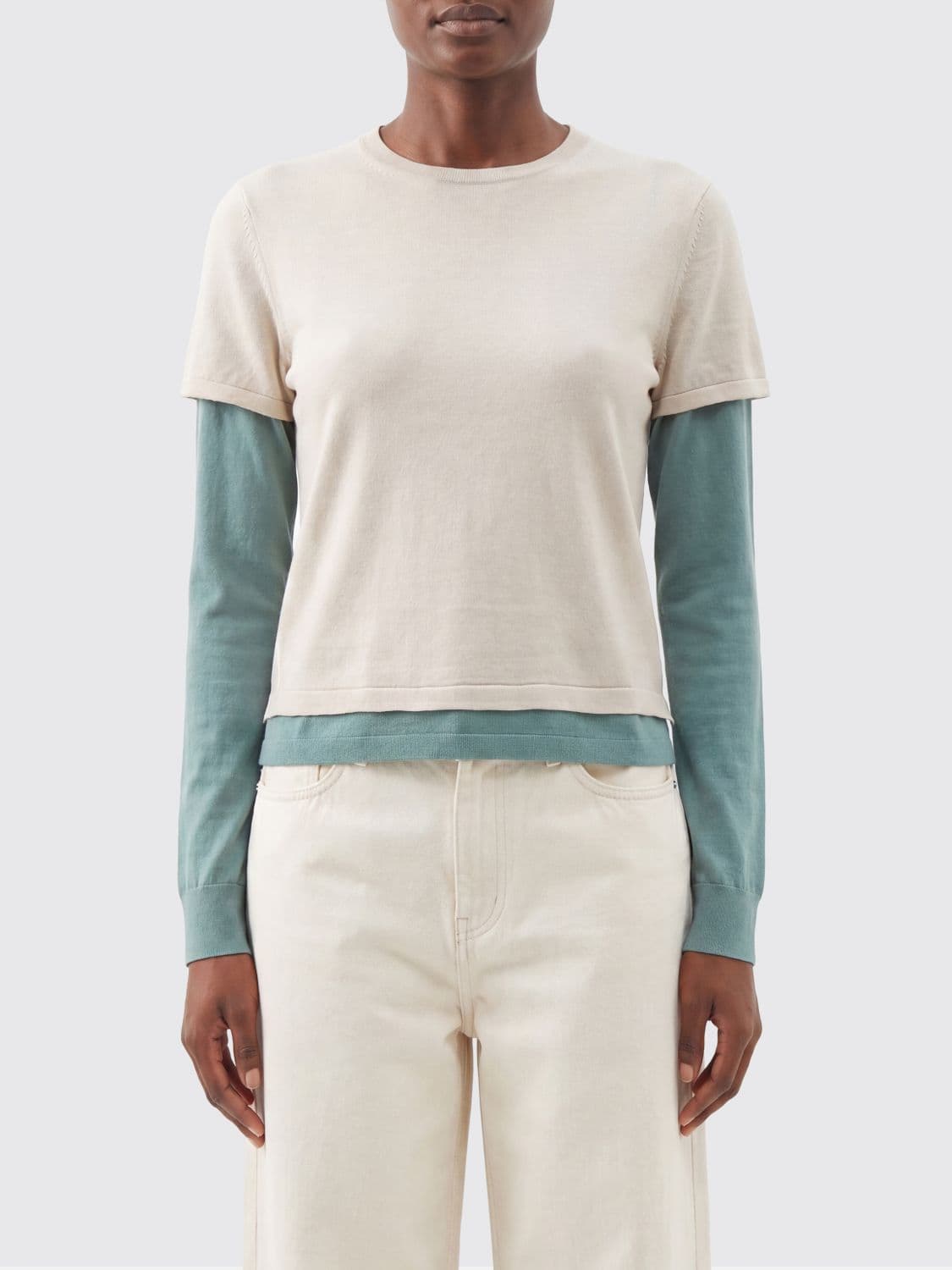 Guest In Residence Long-Sleeved Bicolour T-Shirt in Cotton and Cashmere