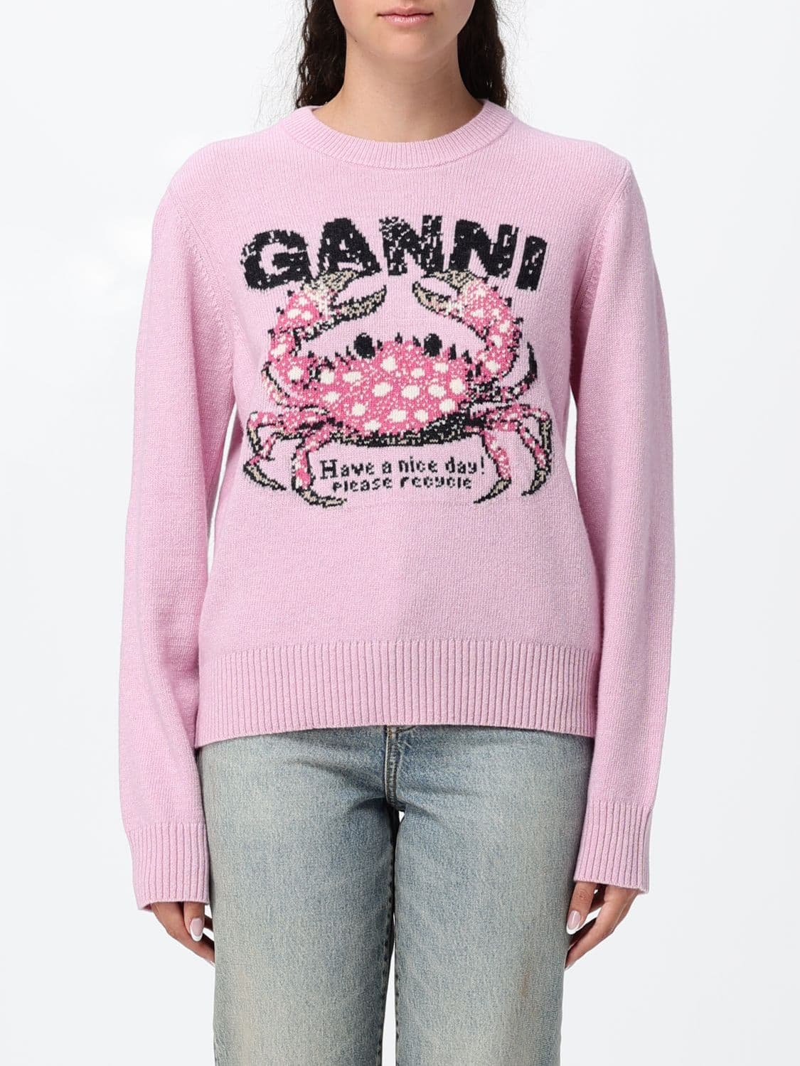 Ganni Recycled Wool-Blend Crewneck Jumper with Graphic Print and Logo