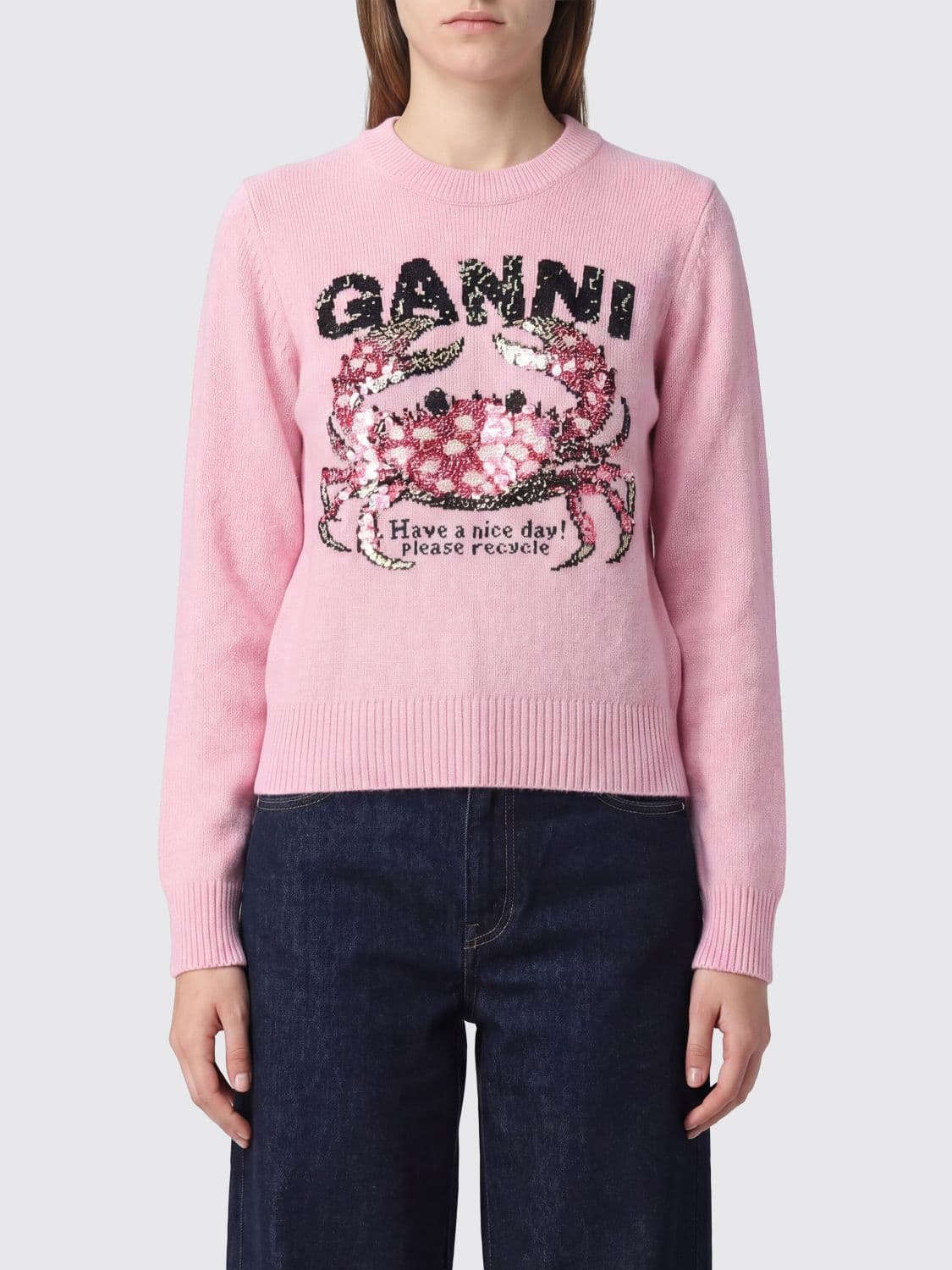 Ganni Recycled Wool-Blend Crewneck Jumper with Graphic Print and Logo