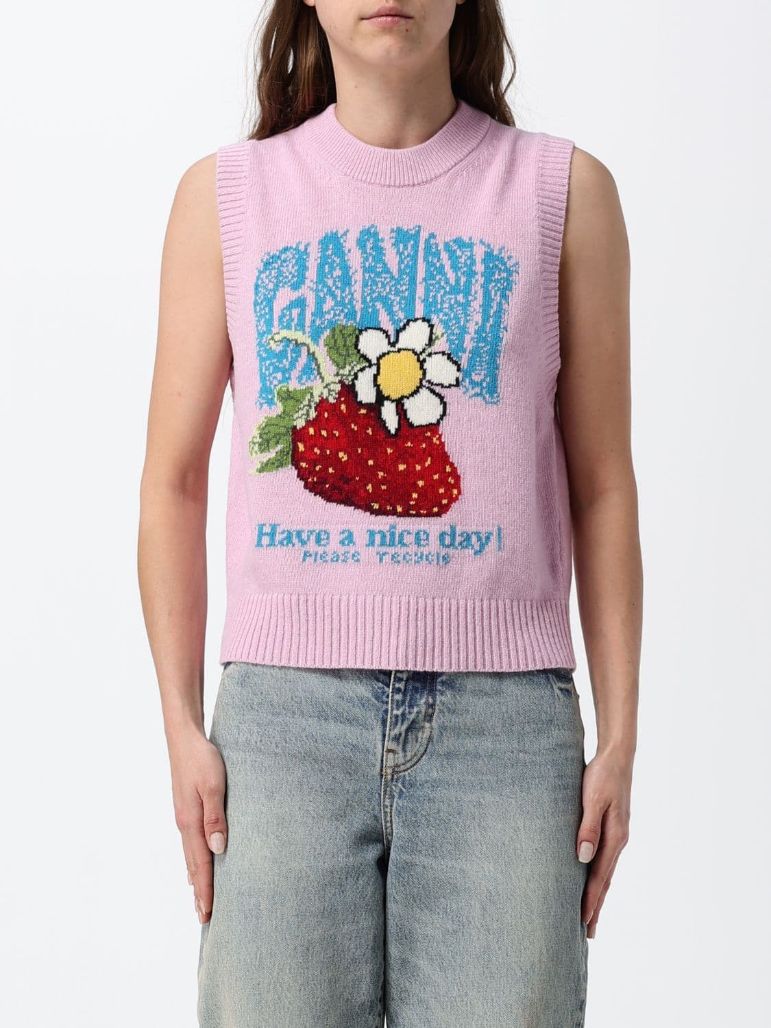 Ganni Slim Fit Recycled Wool-Blend Knit Vest with Jacquard Logo