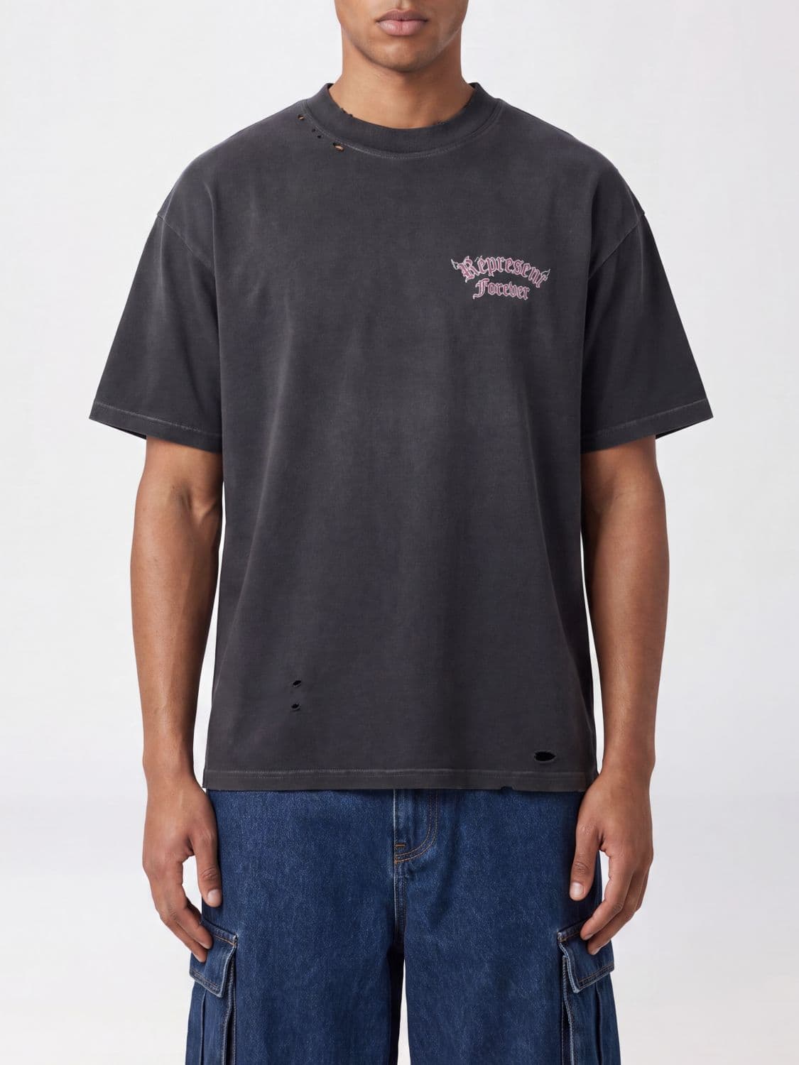 Represent Cotton T-Shirt with Graphic Print and Contrast Logo