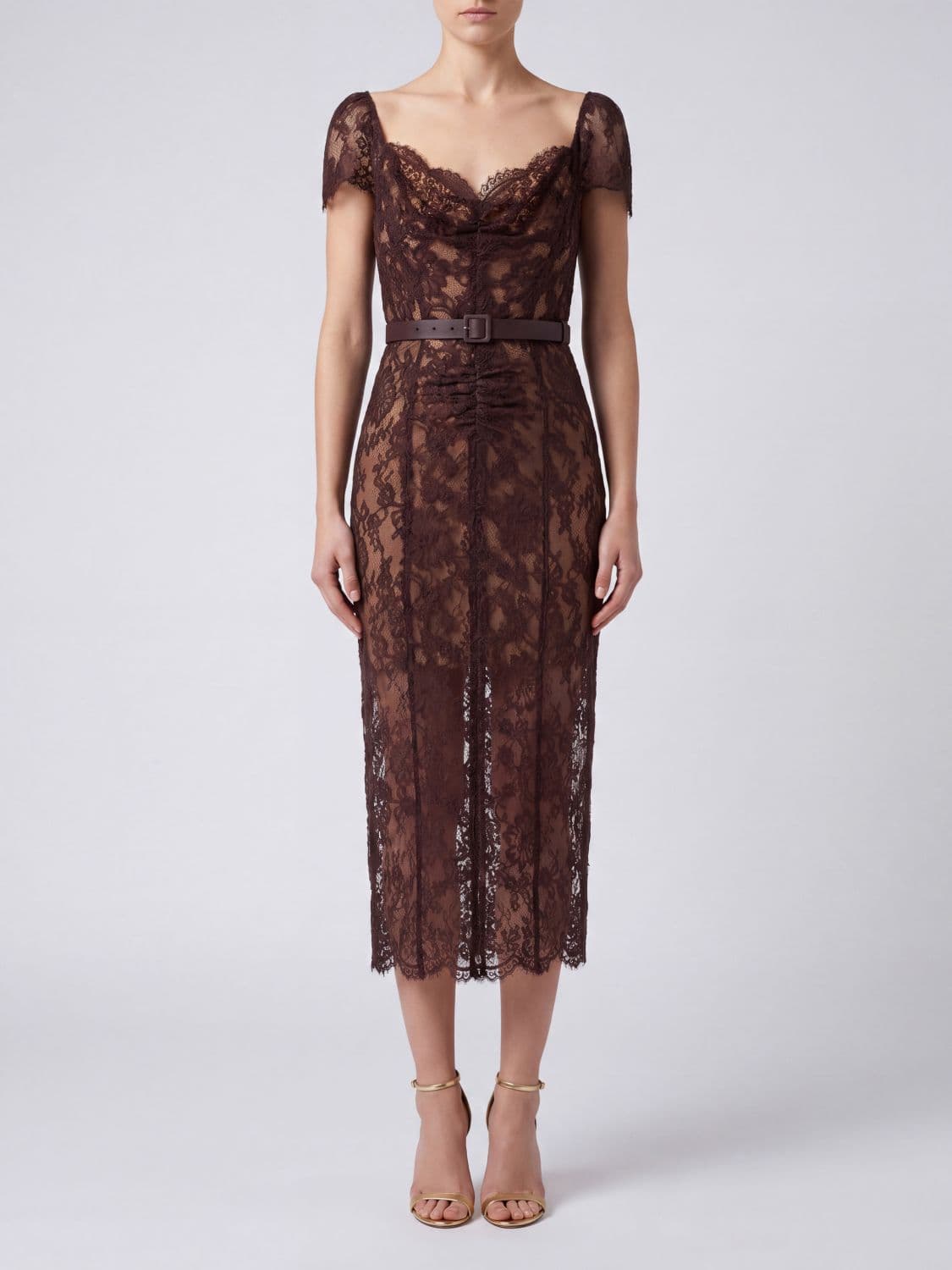 Self-Portrait Lace Midi Sheath Dress with Square Neckline and Slit