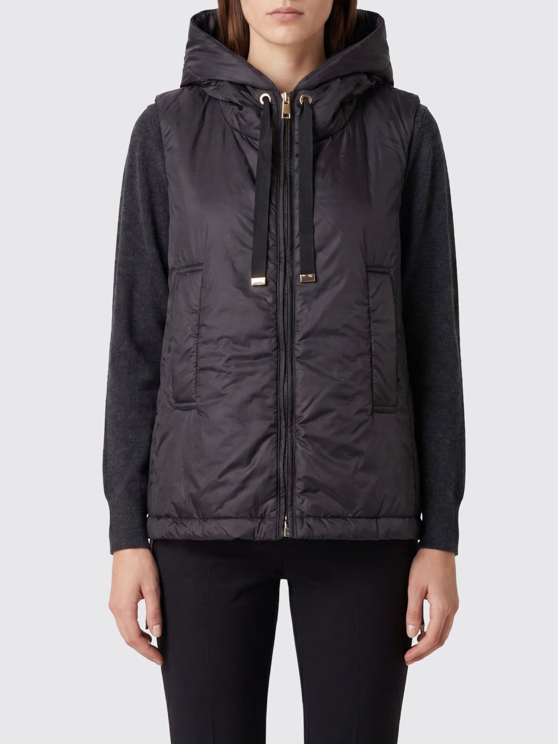 Max Mara The Cube Padded Technical Fabric Vest with Hood and High Neck