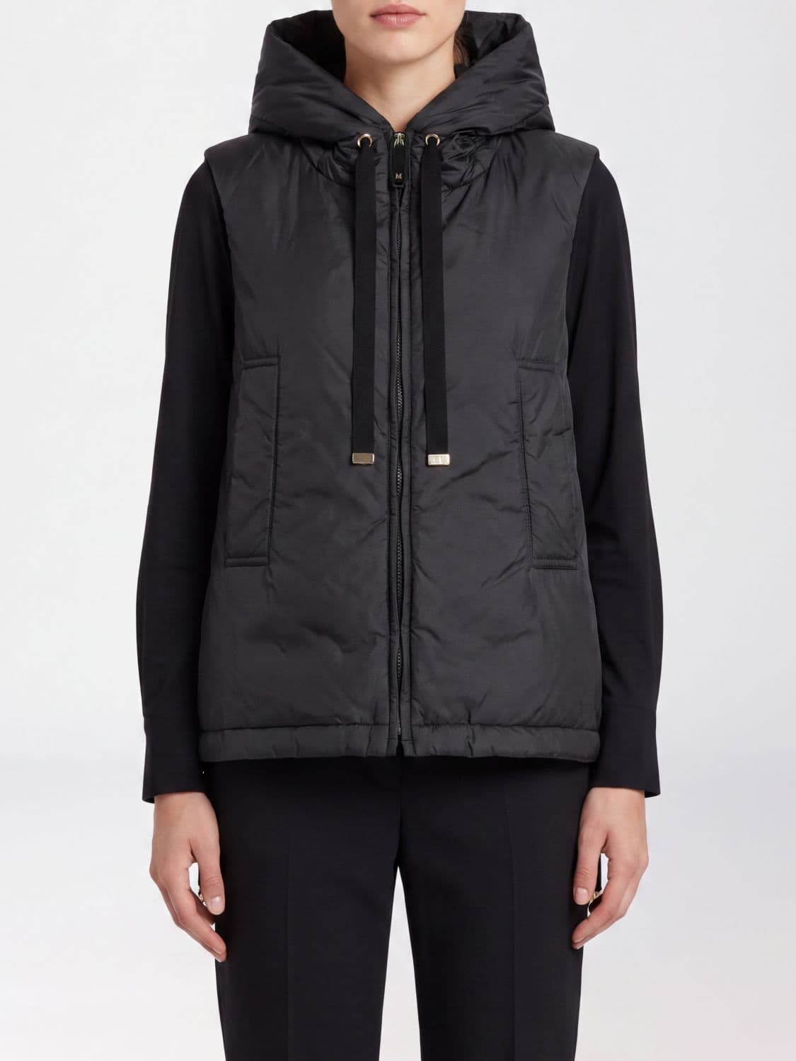 Max Mara The Cube Padded Technical Fabric Vest with Hood and High Neck